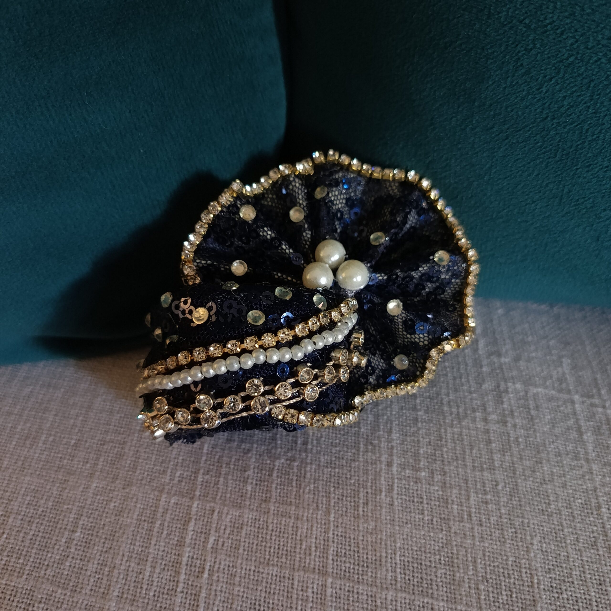 Navy blue poshak with pearls, and mirror work - Image 3