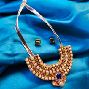 Blue Teardrop Necklace with Golden Accents