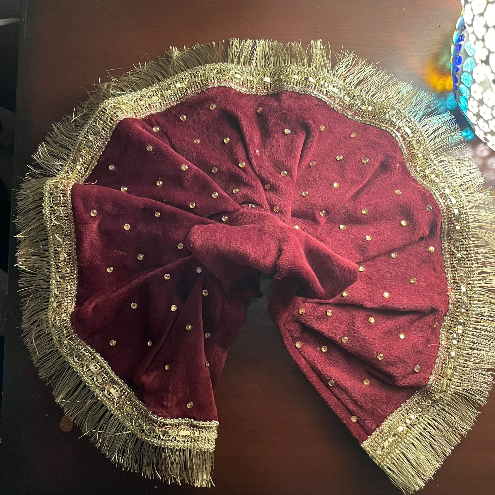 Maroon Velvet Heavy Golden Zari Fringe Poshak